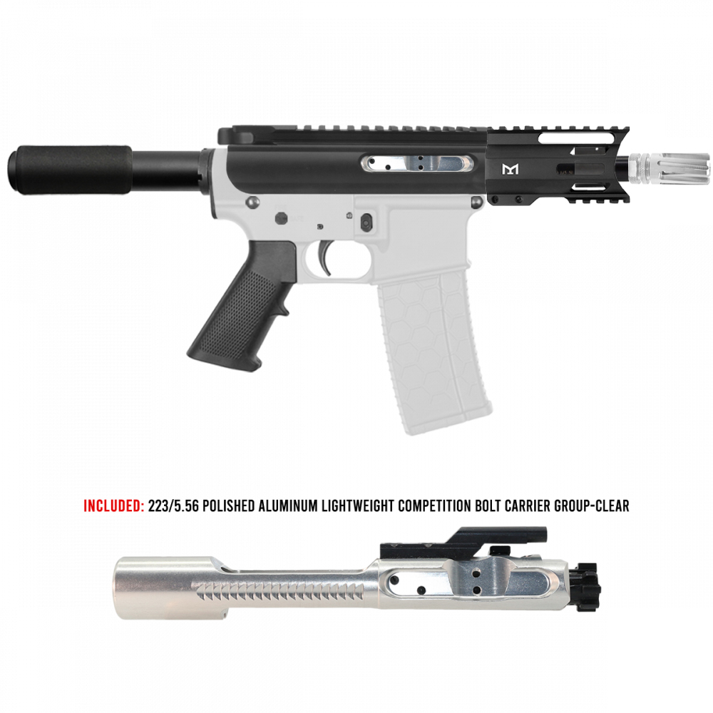 AR-15 5.56 NATO 5'' PISTOL KIT - FORGED UPPER WITH 4'' KEYMOD HANDGUARD- SLICK SLIDE-INCLUDE SILVER BCG